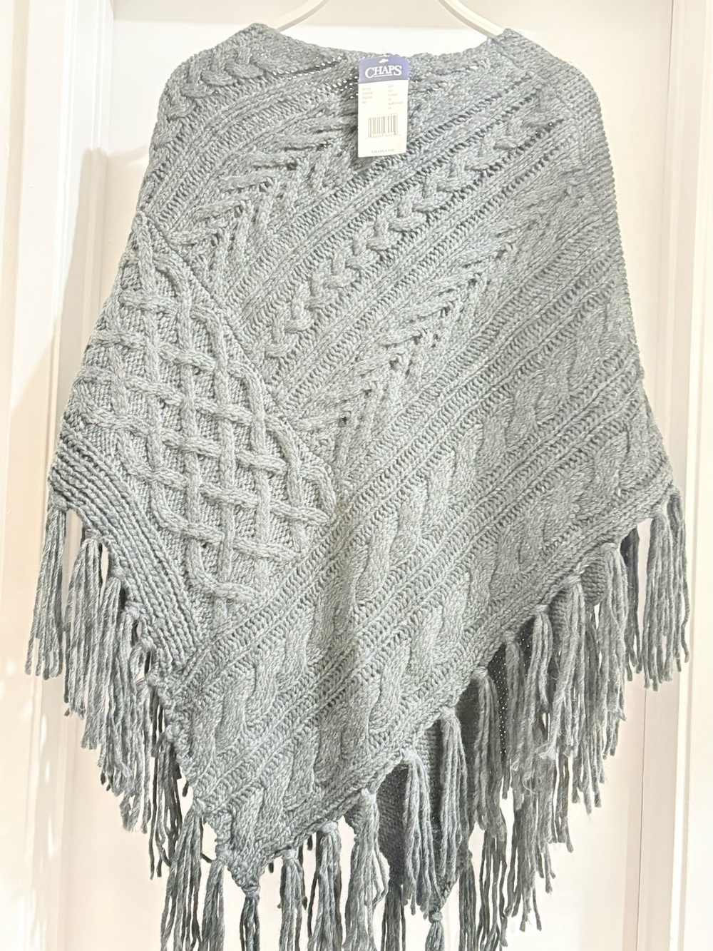 Chaps Light Gray Cable Knit Fringed Poncho
